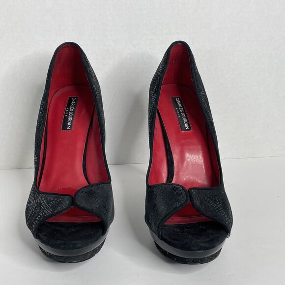 Charles Jourdan Black Snake Print Peep Toe Platform Stiletto Heels Size 11 - Picture 3 of 12